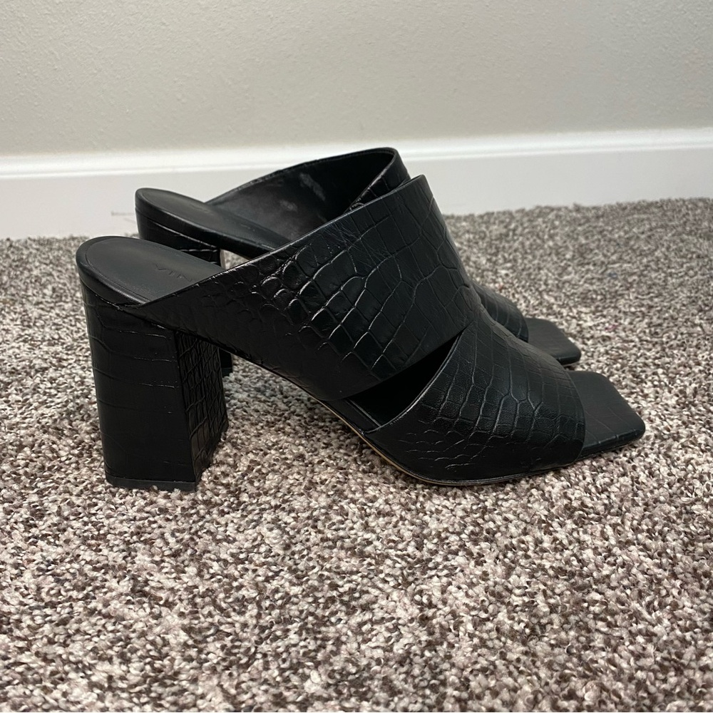 Vince Nelda Cutout Croceffect Leather Black Square Heels‎ Sandals Women’s 10